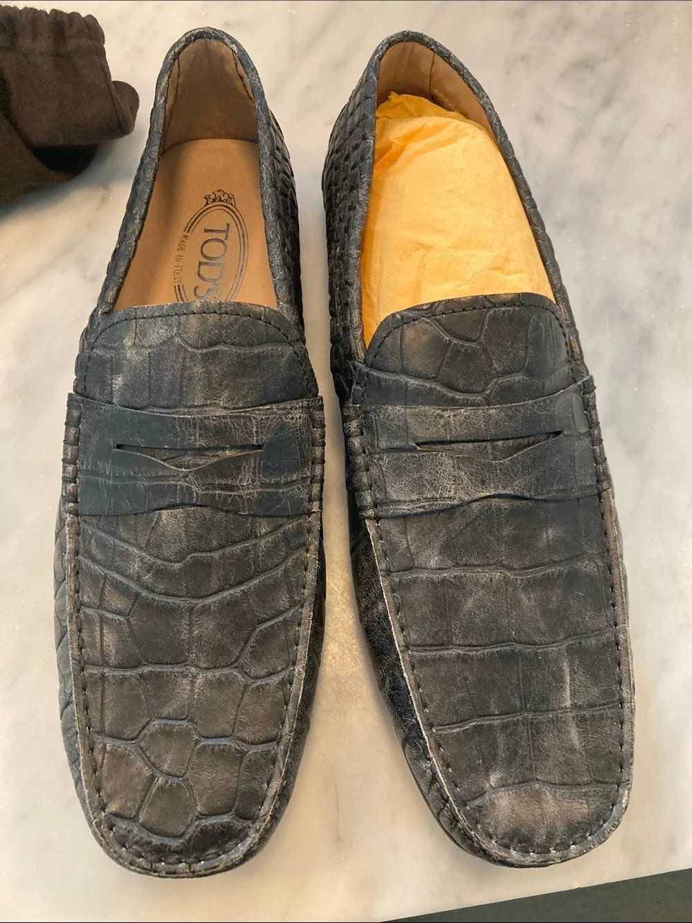 Tod's Gray Croc-Embossed Leather Penny Loafers